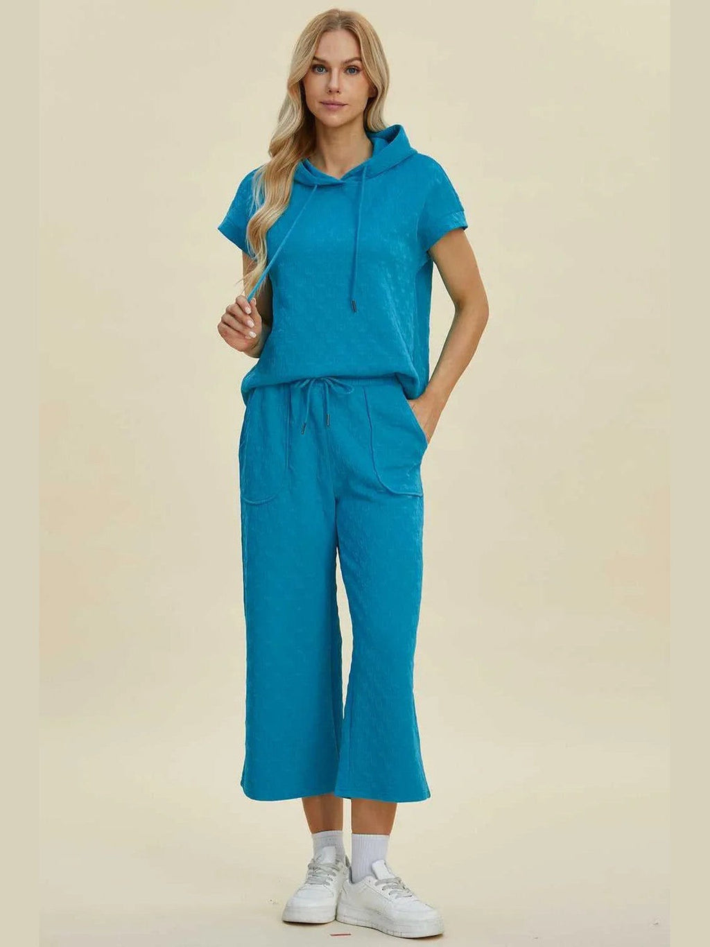 Double Take Full Size Texture Drawstring Short Sleeve Hoodie and Pocketed Pants Set -- 