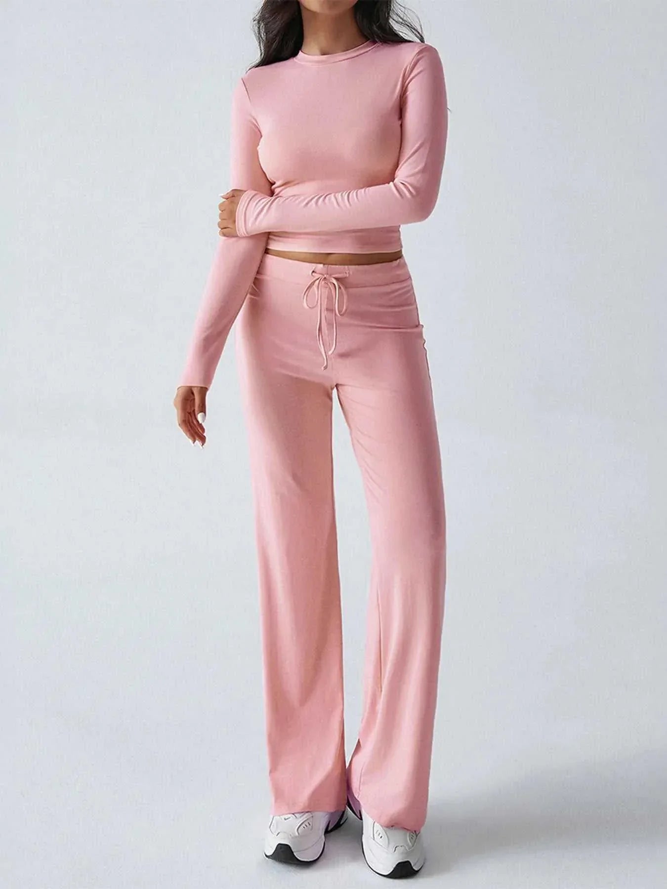 Round Neck Long Sleeve Top and Pants Set -- 