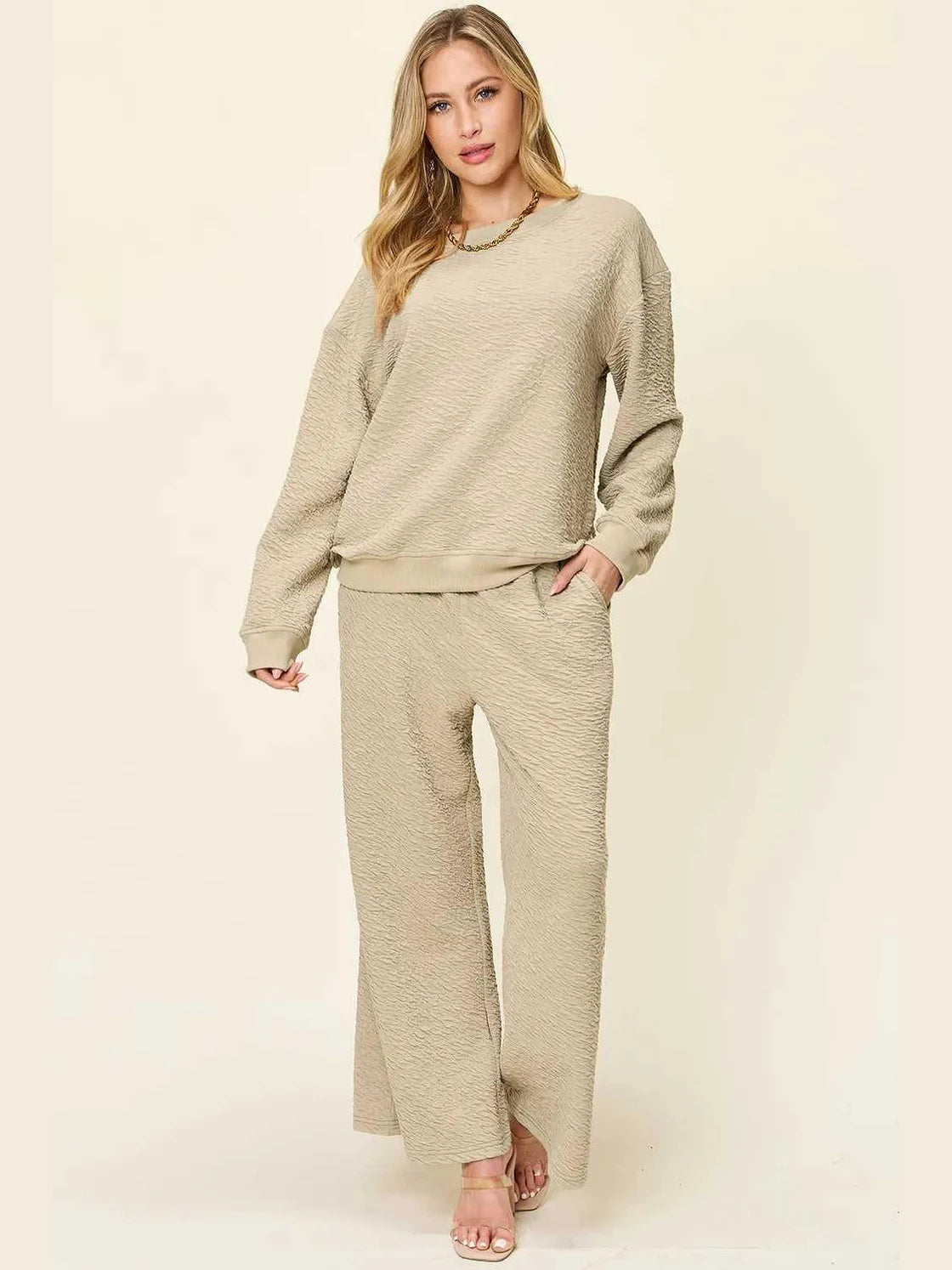 Double Take Full Size Texture Long Sleeve Top and Pants Set -- 