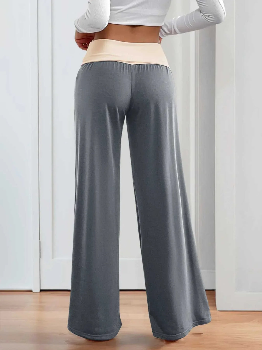 Contrast Waistband Wide Leg Pants -- 