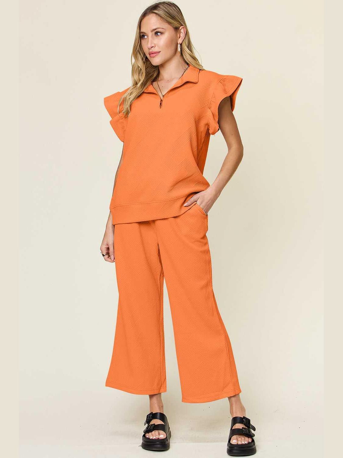 Ruffle Short Sleeve Top and Drawstring Wide Leg Pants Set -- 