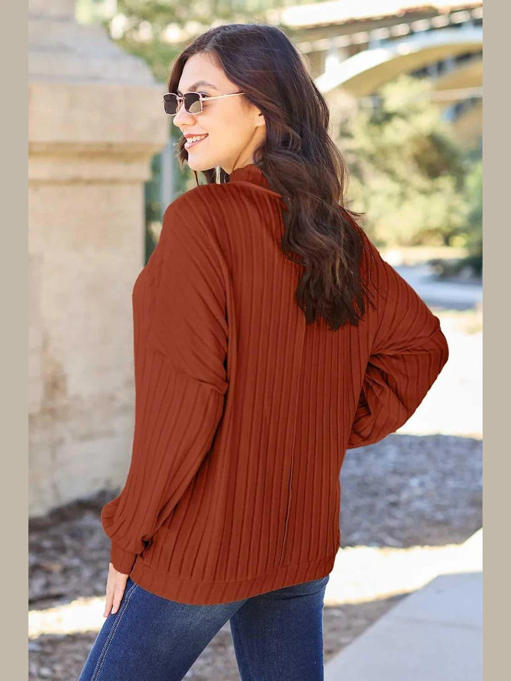 Basic Bae Full Size Ribbed Exposed Seam Mock Neck Knit Top -- 