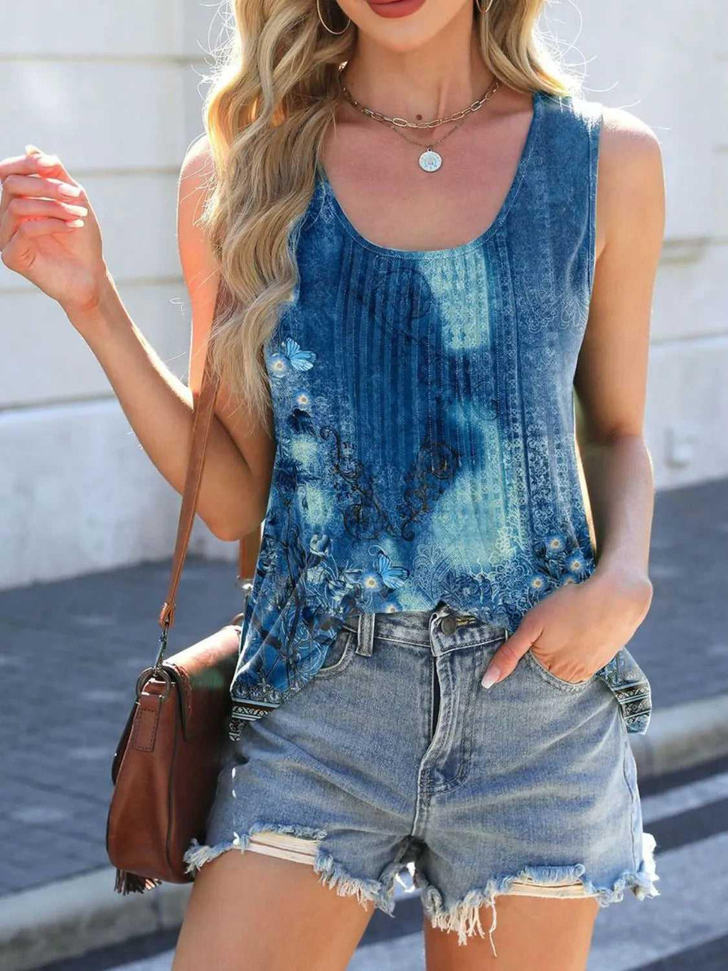 Printed Scoop Neck Wide Strap Tank -- 