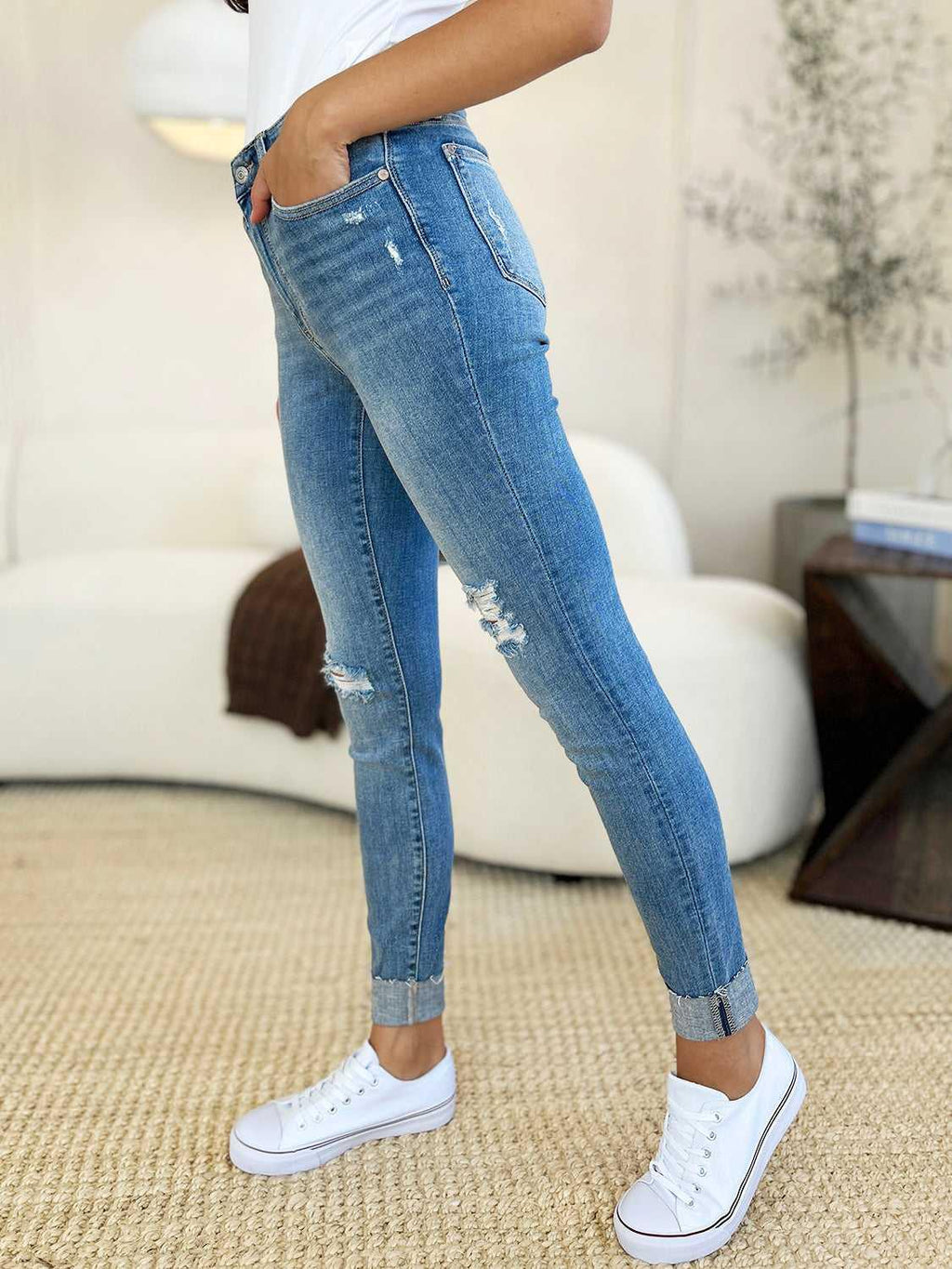 Judy Blue Full Size Mid Rise Destroy & Cuff Skinny Jeans -- 