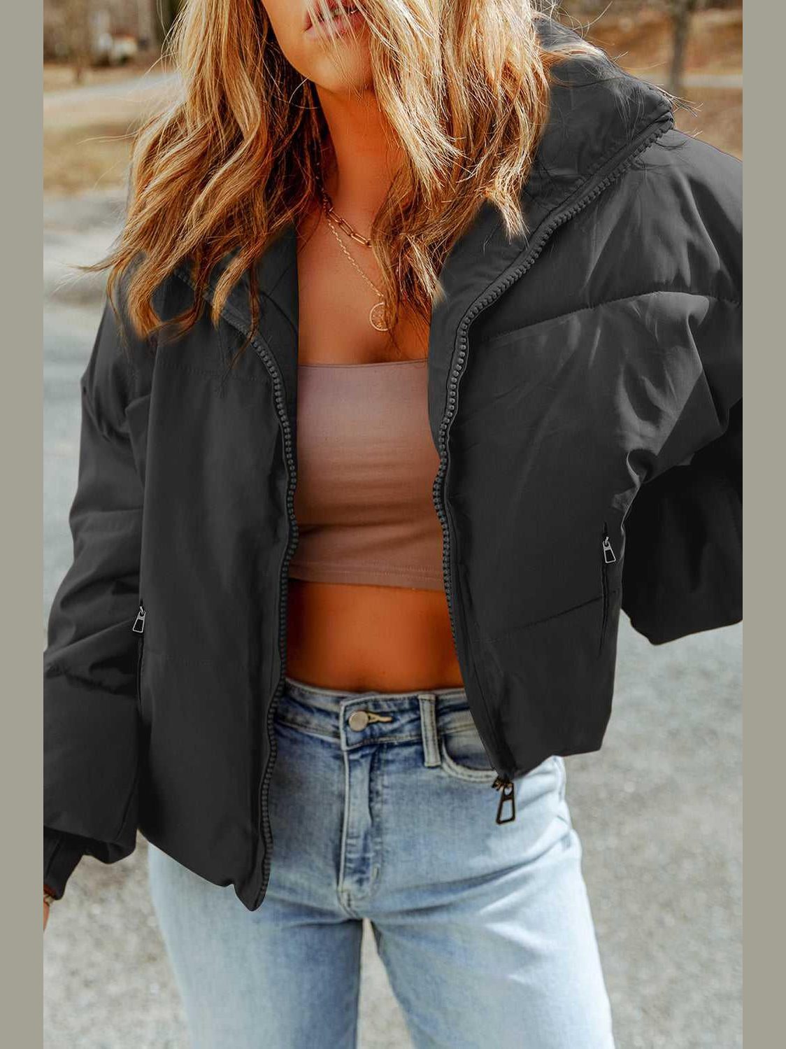 Zip Up Collared Neck Coat with Pockets -- 