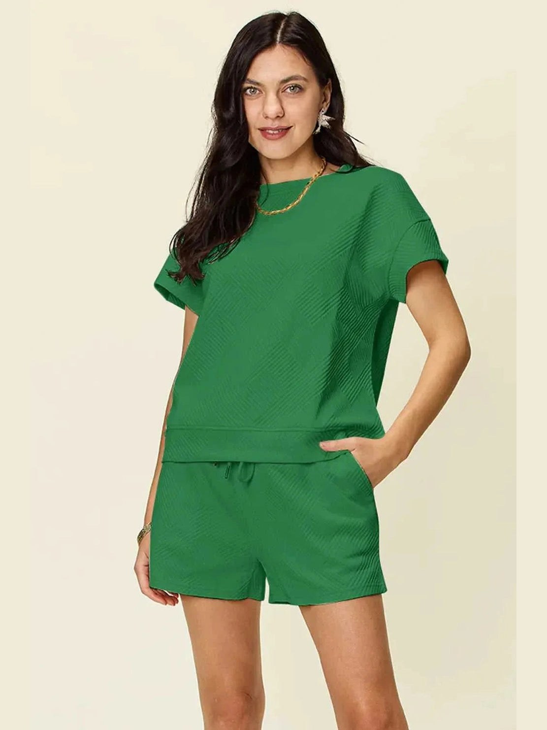 Double Take Full Size Texture Short Sleeve T-Shirt and Drawstring Shorts Set -- 