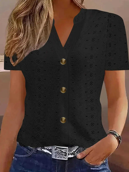 Openwork Notched Short Sleeve Top