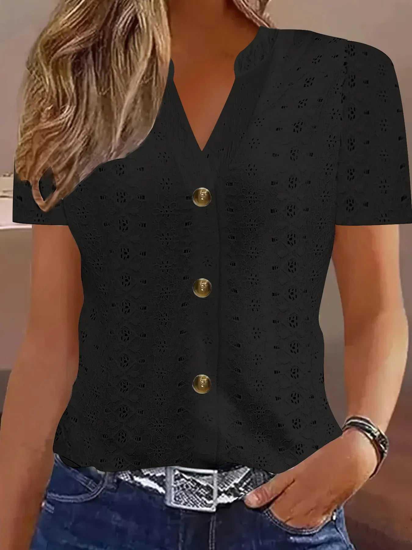 Openwork Notched Short Sleeve Top -- 