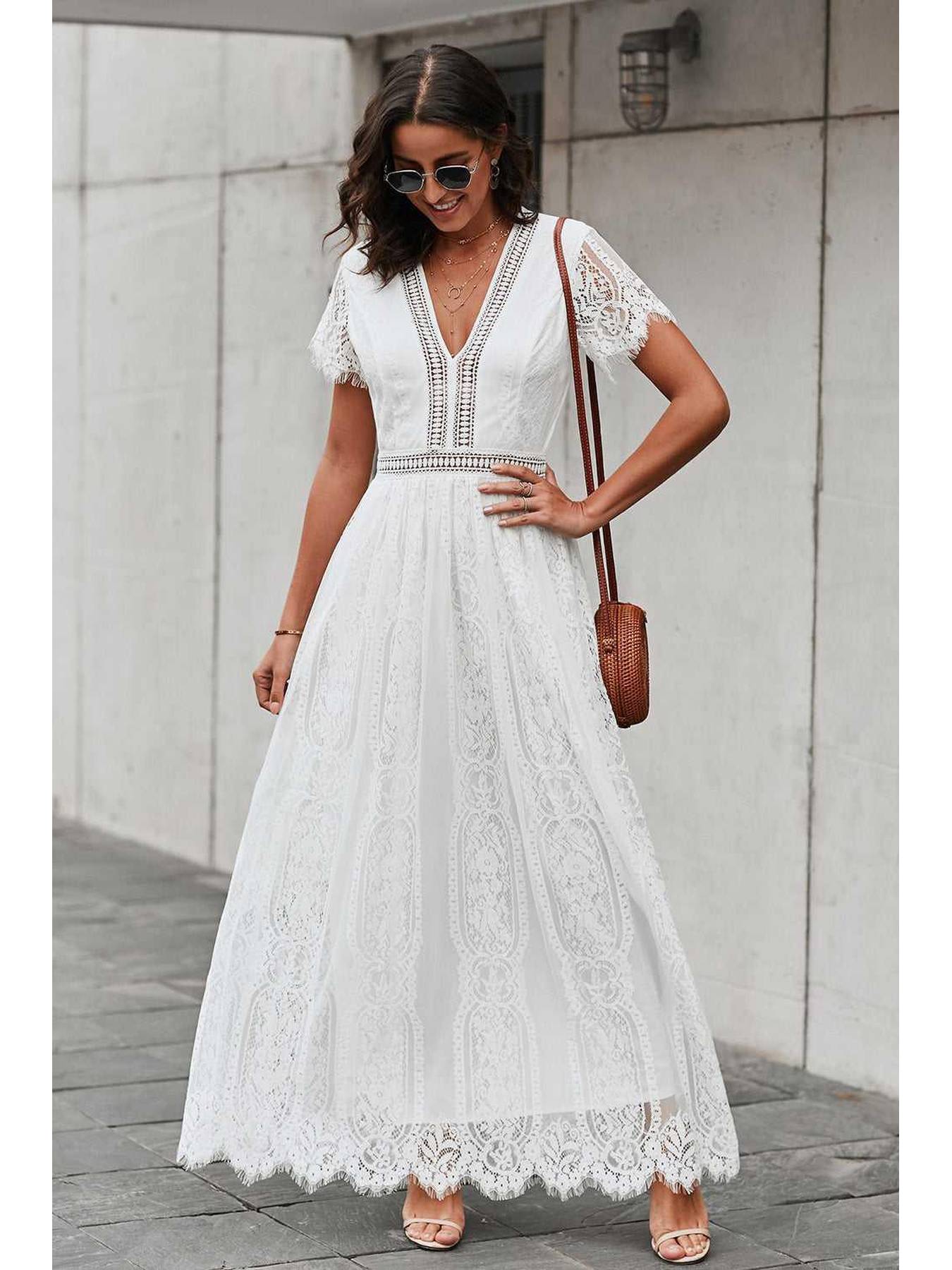 Scalloped Trim Lace Plunge Dress -- 