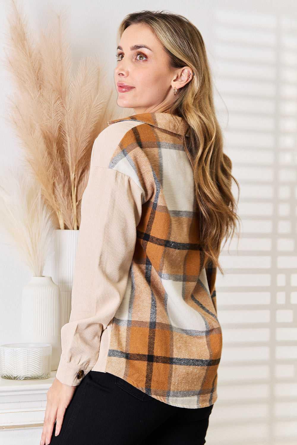 Perfee Plaid Print Dropped Shoulder Shirt -- 