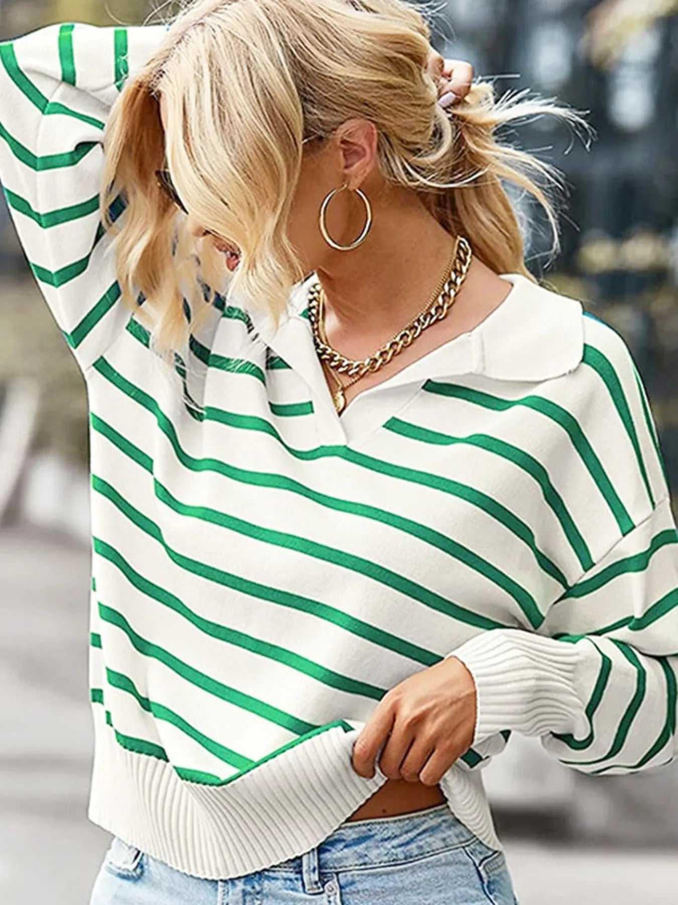 Ribbed Hem Long Sleeve Striped Sweater -- 