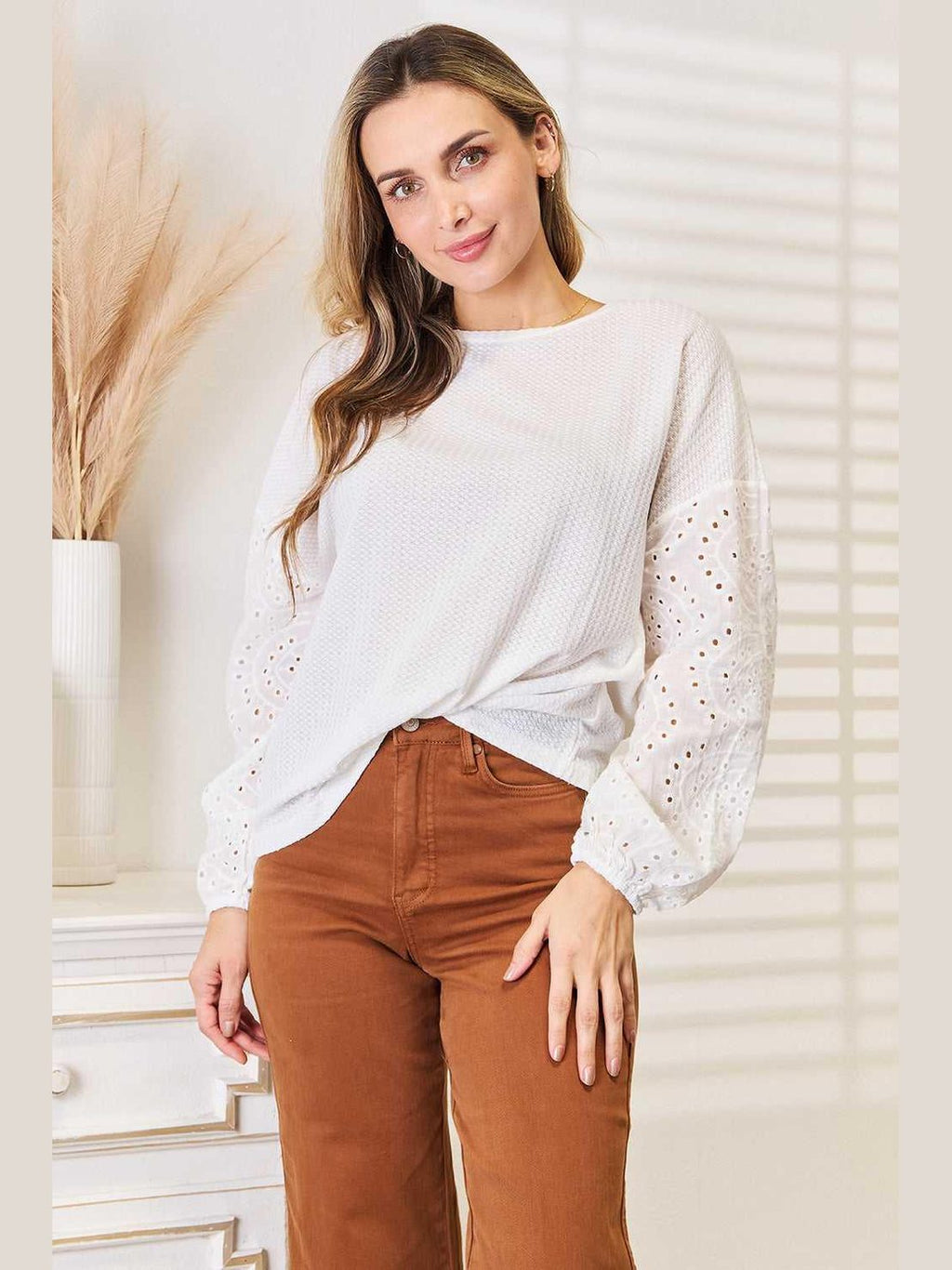 Shiny Eyelet Dropped Shoulder Round Neck Blouse -- 