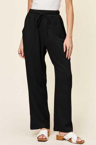 Double Take Full Size Texture Drawstring Straight Pants -- 