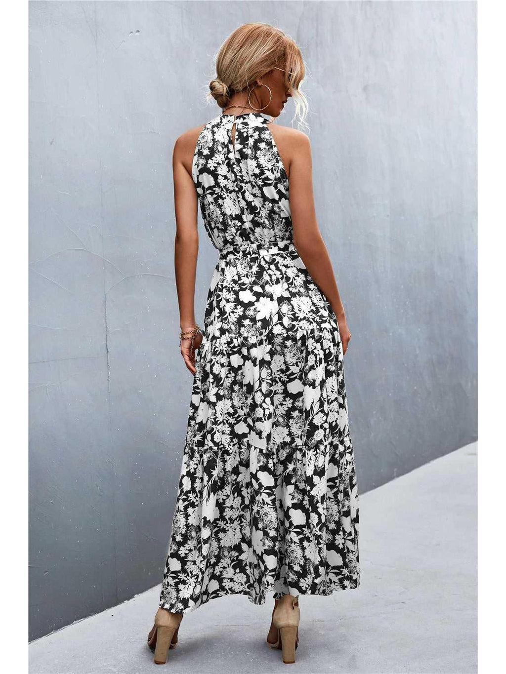 Printed Sleeveless Tie Waist Maxi Dress -- 