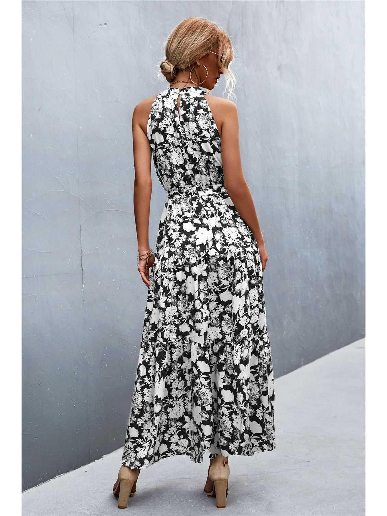 Printed Sleeveless Tie Waist Maxi Dress -- 