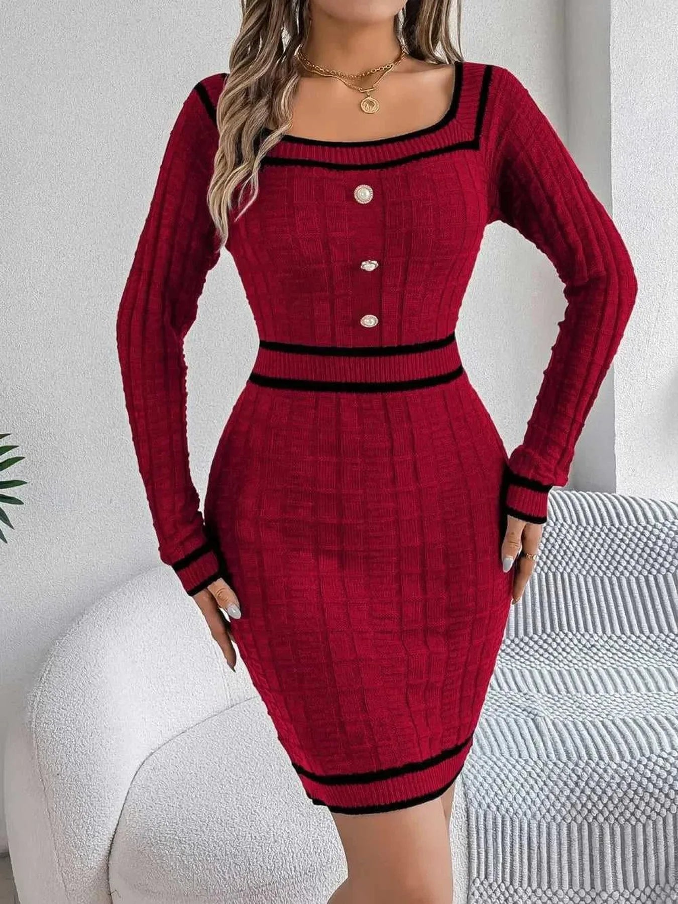 Contrast Trim Long Sleeve Sweater Dress -- 