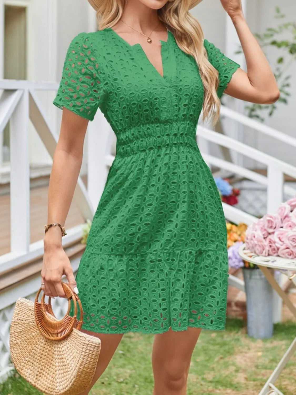 Eyelet Notched Short Sleeve Dress