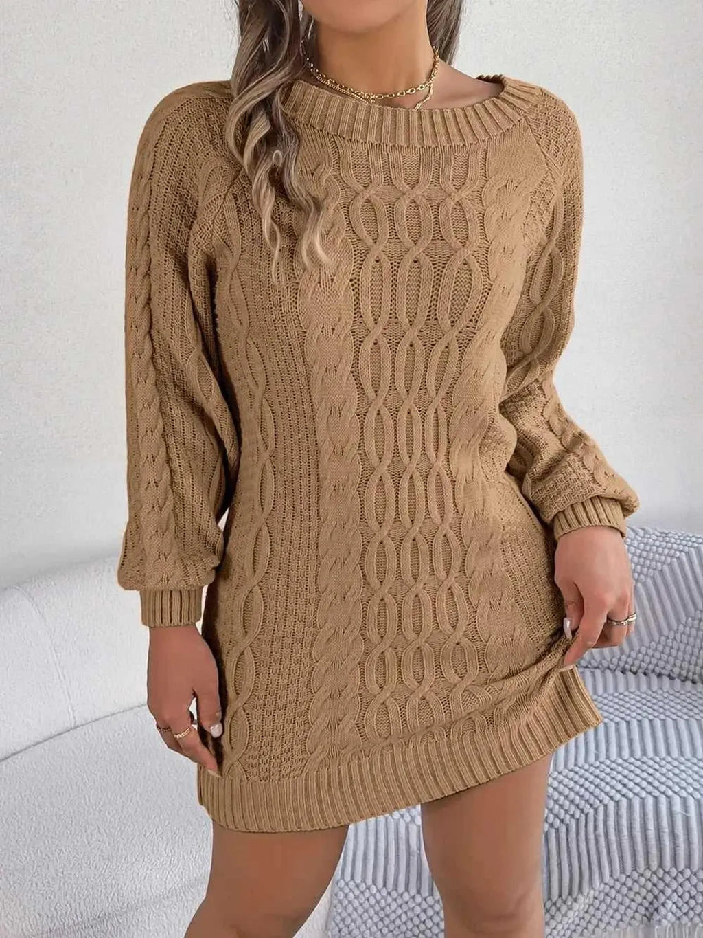 Cable-Knit Round Neck Sweater Dress -- 