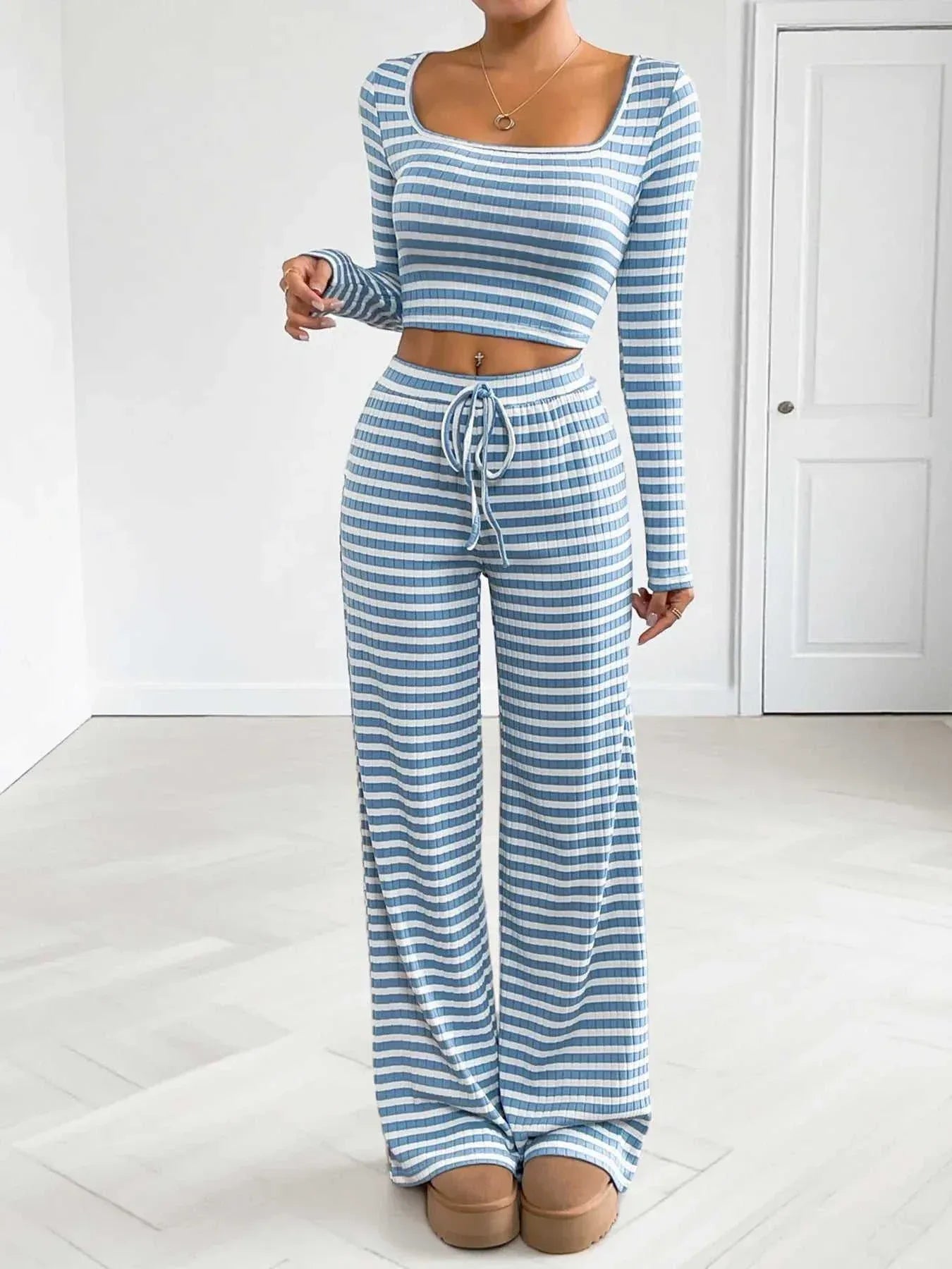 Striped Square Neck Long Sleeve Top and Pants Lounge Set -- 