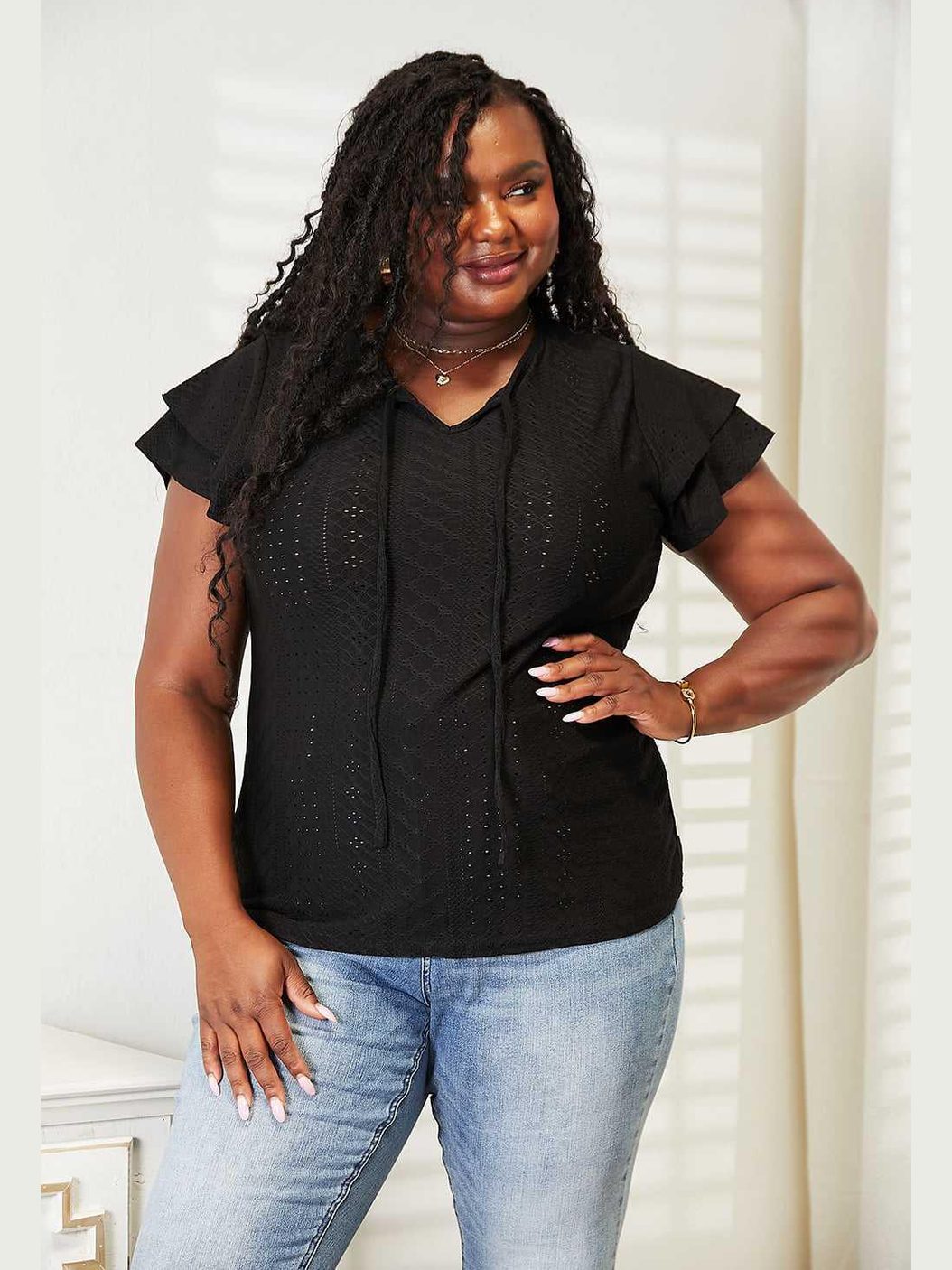 Mandy Eyelet Tie-Neck Flutter Sleeve Blouse -- 