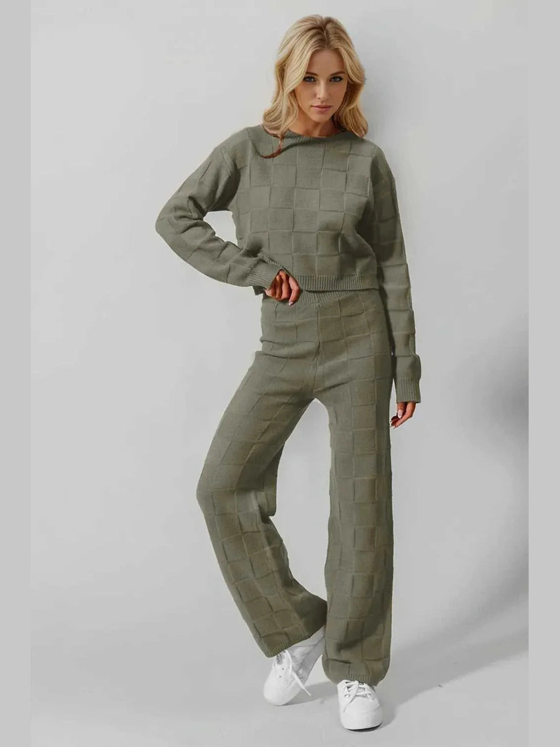 Double Take Full Size Checkered Round Neck Top and Pants Set -- 