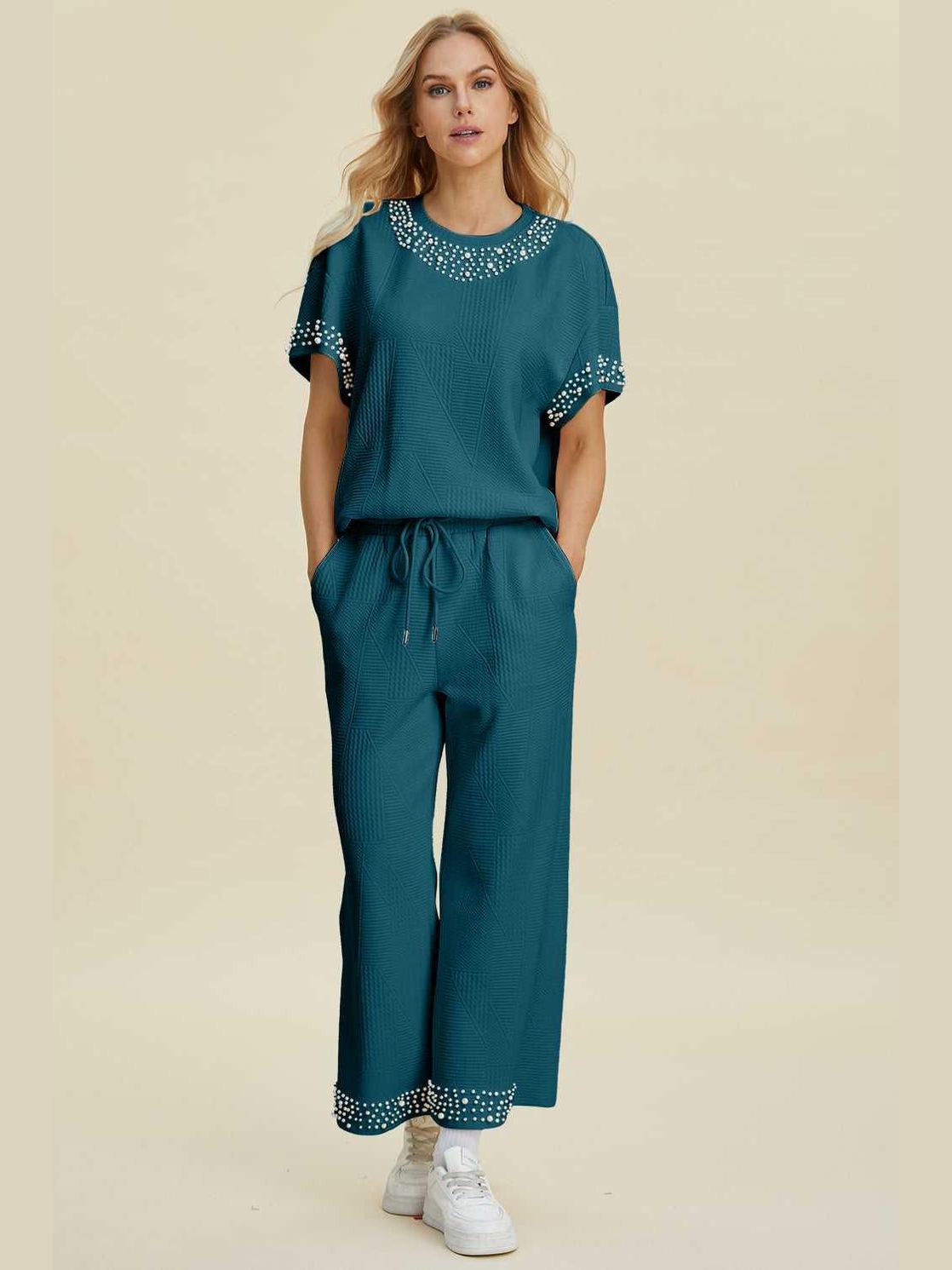 Double Take Full Size Pearl Detail Round Neck Top and Pants Set -- 