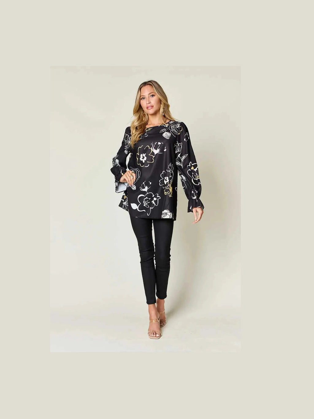 Double Take Full Size Printed Flounce Sleeve Blouse -- 