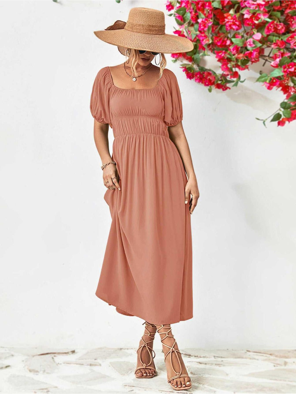 Off-Shoulder Balloon Sleeve Midi Dress -- 