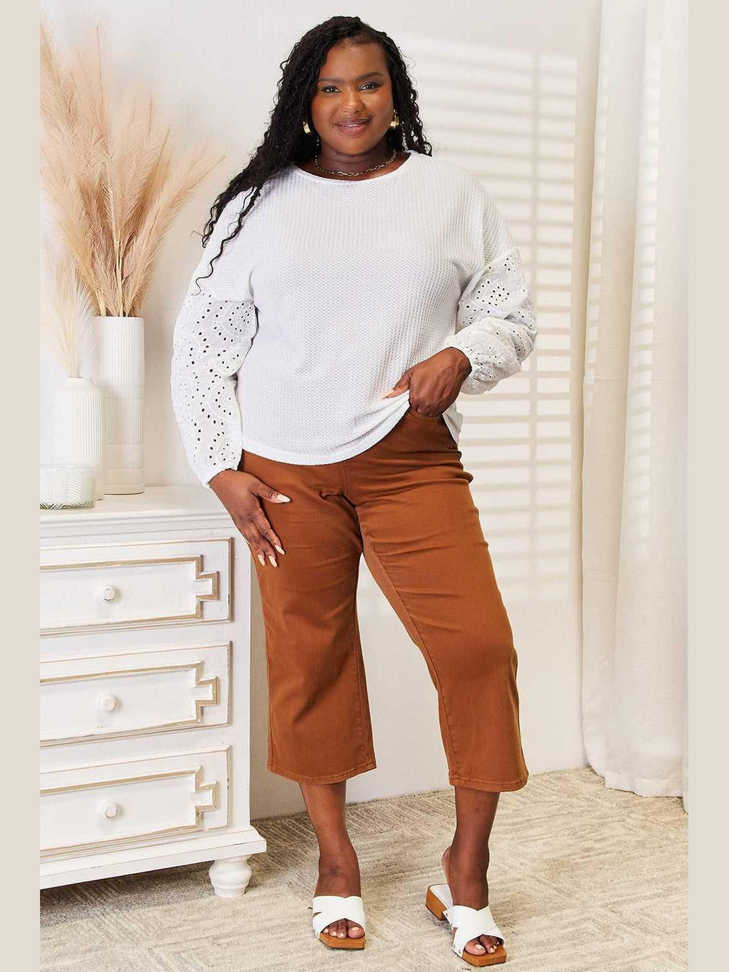 Shiny Eyelet Dropped Shoulder Round Neck Blouse -- 