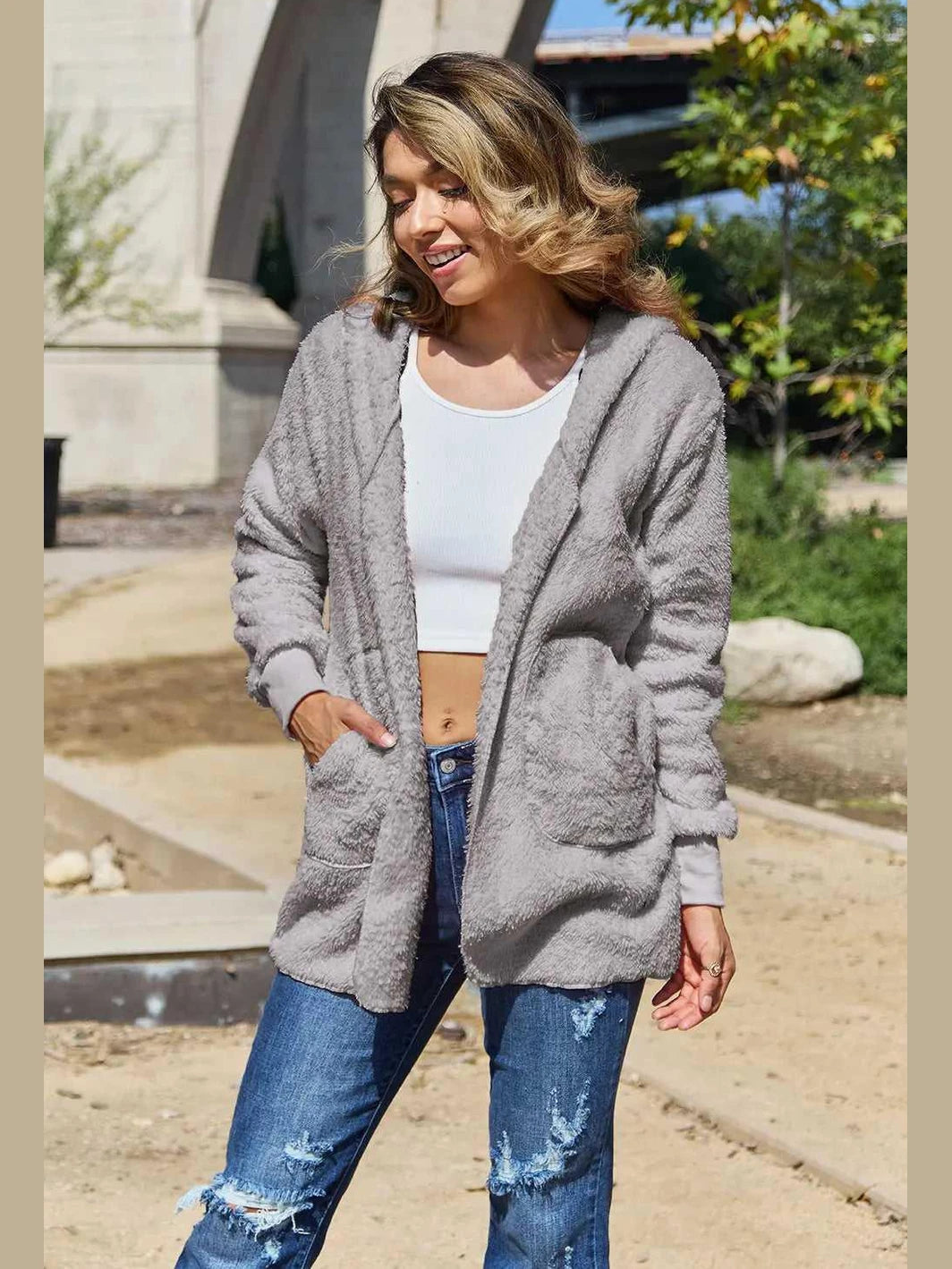 Full Size Teddy Hooded Jacket with Pockets -- 