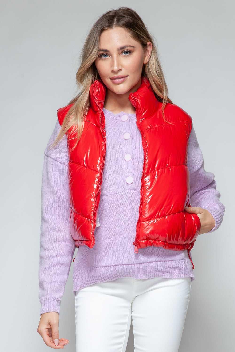 Snobbish Zip Up Turtleneck Shiny Quilted Vest -- 