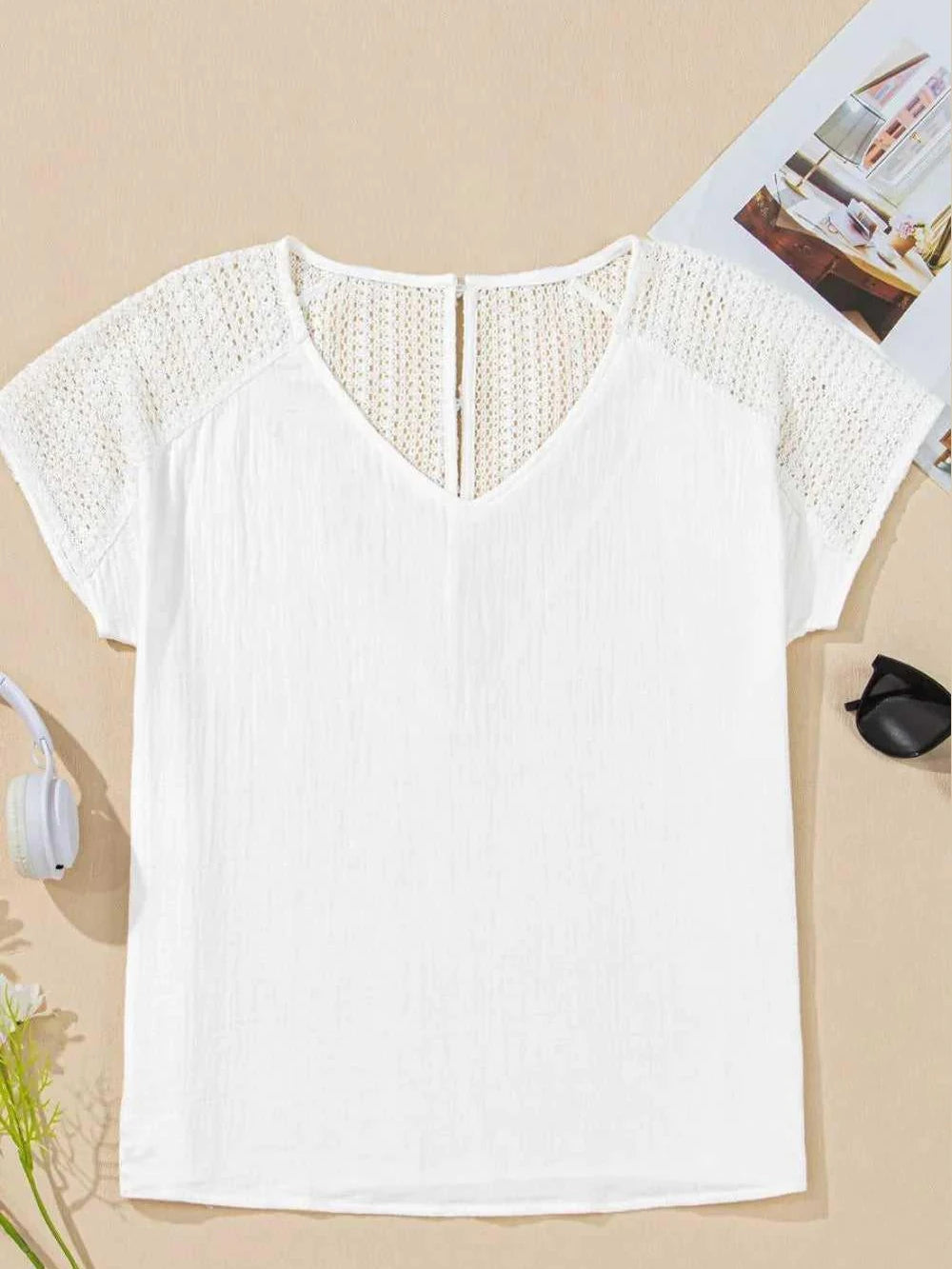 Lace Crochet Textured Button Back V Neck T Shirt -- 