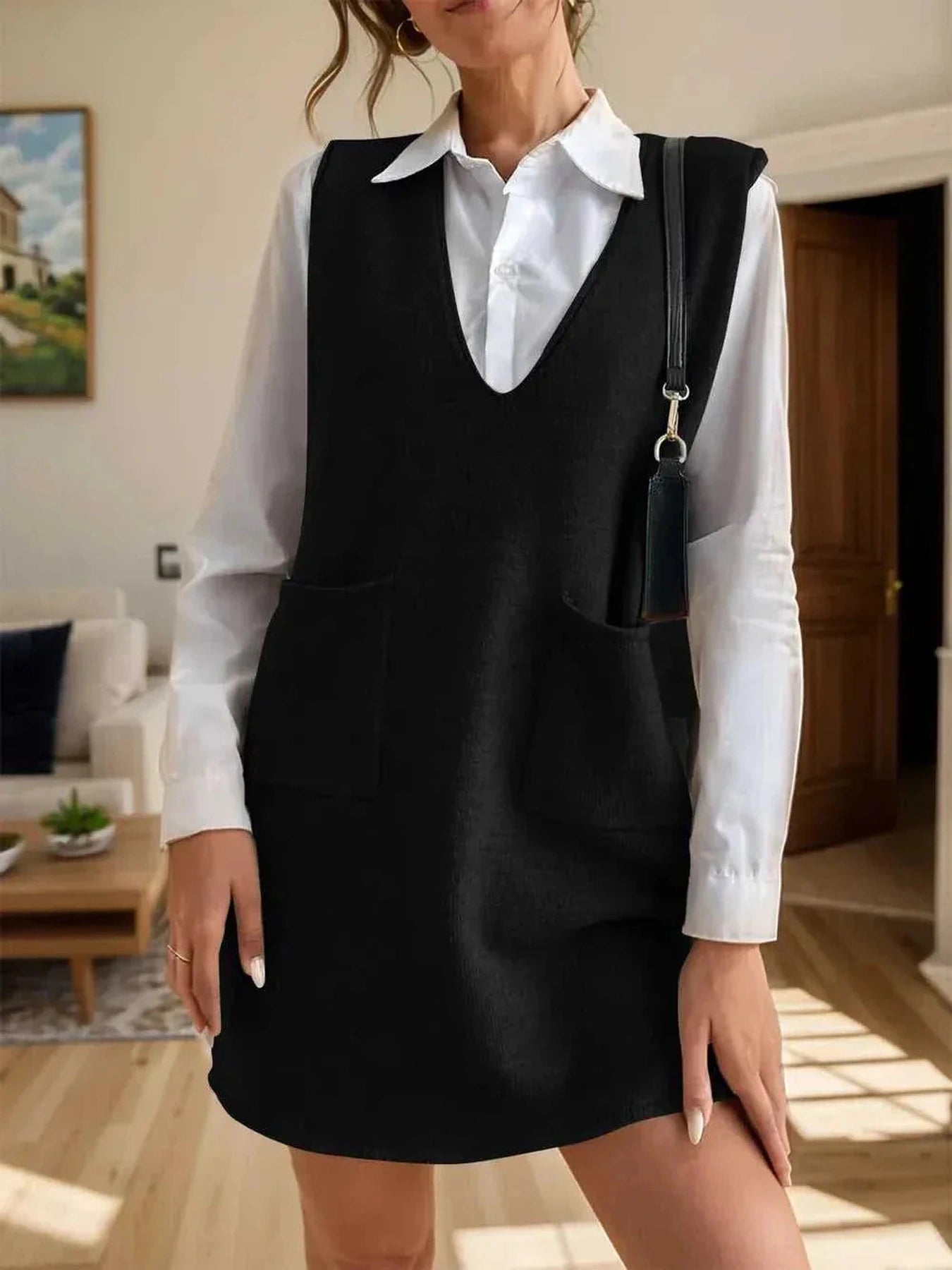 V-Neck Sleeveless Sweater Dress with Pockets -- 