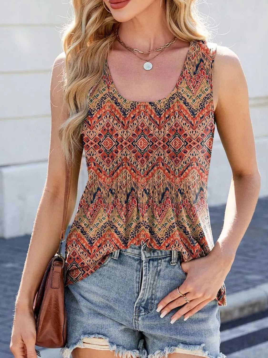 Printed Scoop Neck Wide Strap Tank -- 
