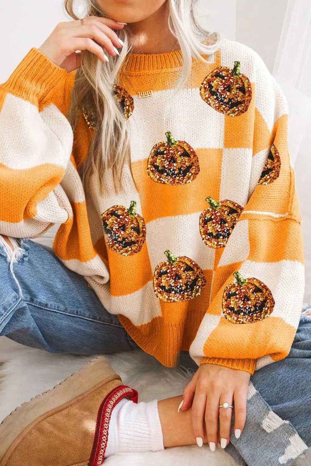 Pumpkin Checkered Round Neck Long Sleeve Sweater -- 