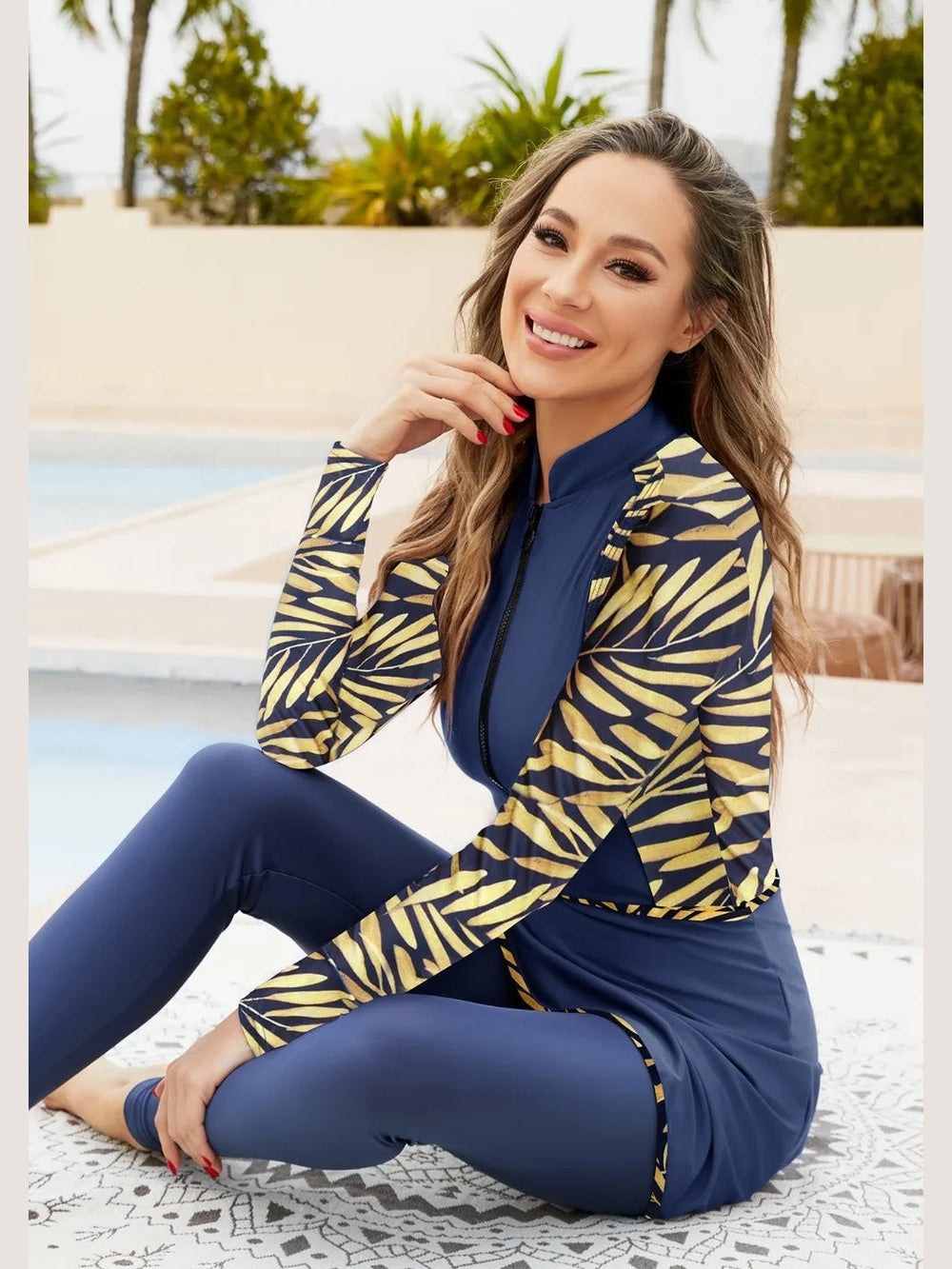 Printed Long Sleeve Four-Piece Modest Swim Set