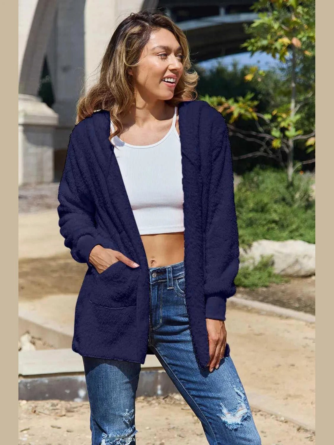 Full Size Teddy Hooded Jacket with Pockets -- 
