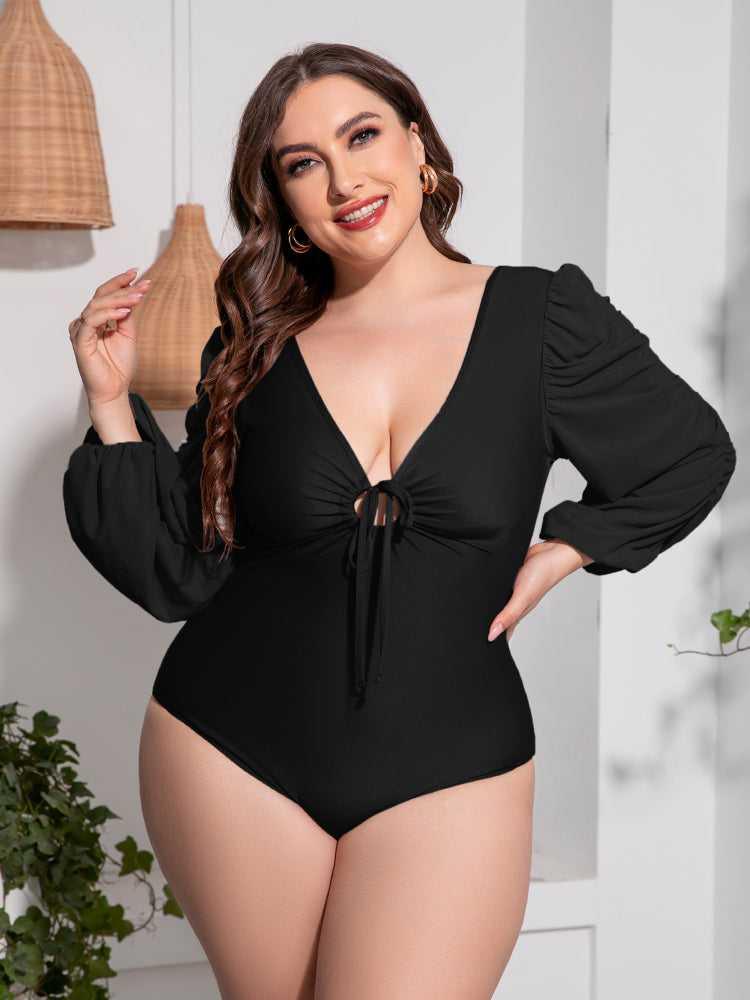 Plus Size Tied Deep V Balloon Sleeve One-Piece Swimsuit -- 