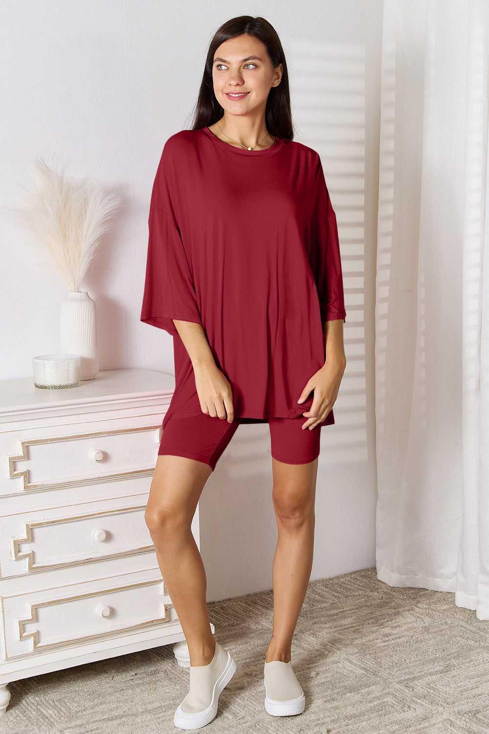 Basic Bae Full Size Soft Rayon Three-Quarter Sleeve Top and Shorts Set -- 