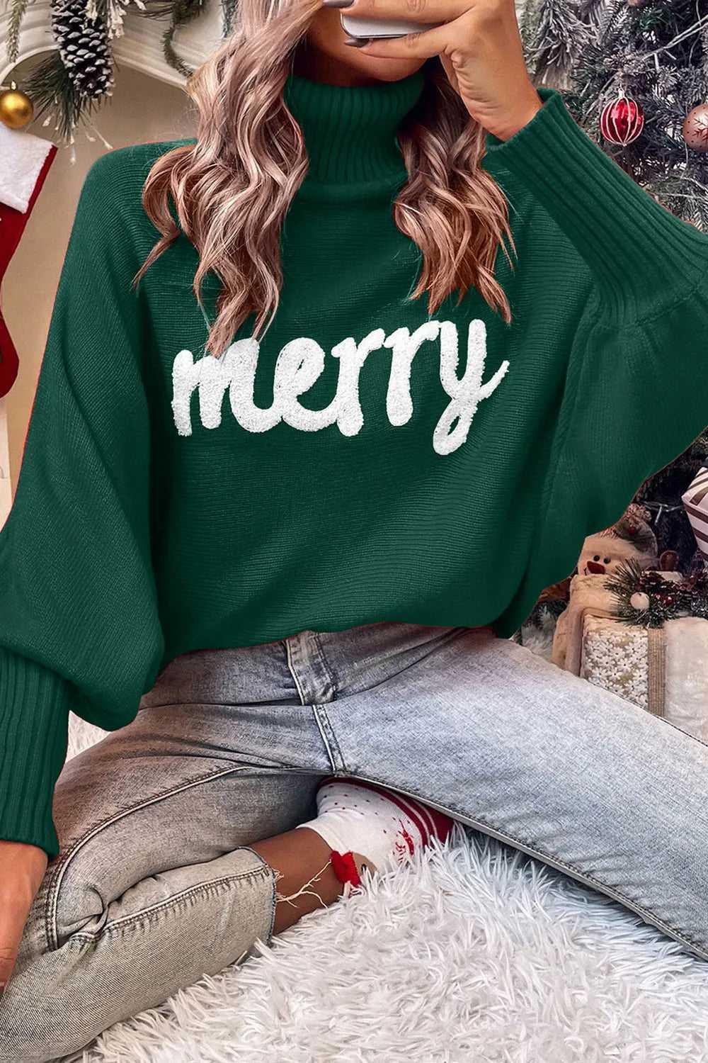 Double Take Full Size Merry Christmas Turtleneck Long Sleeve Sweater -- 