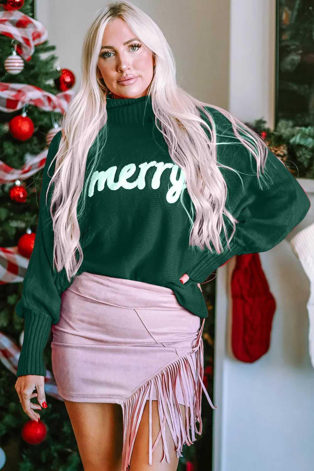 Double Take Full Size Merry Christmas Turtleneck Long Sleeve Sweater -- 
