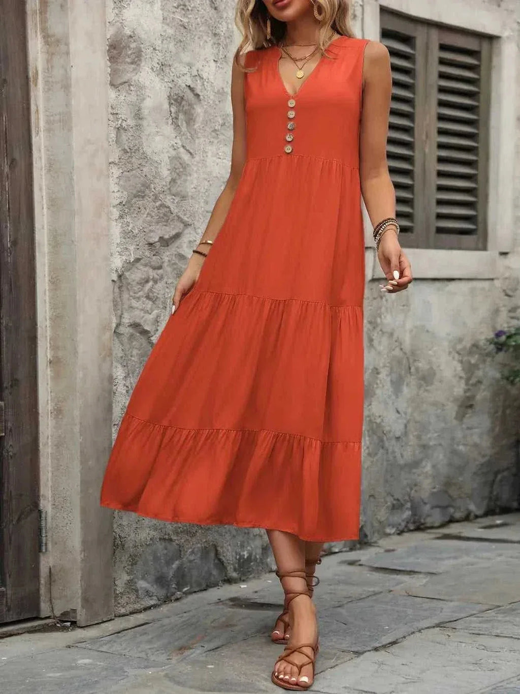 Ivy Lane Decorative Button Notched Sleeveless Dress -- 