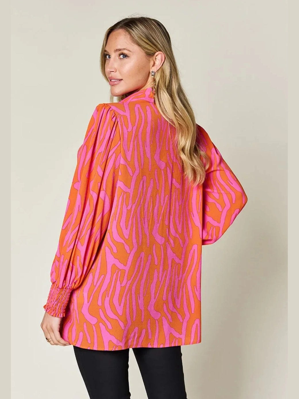 Double Take Full Size Printed Smocked Long Sleeve Blouse Plus Size -- 