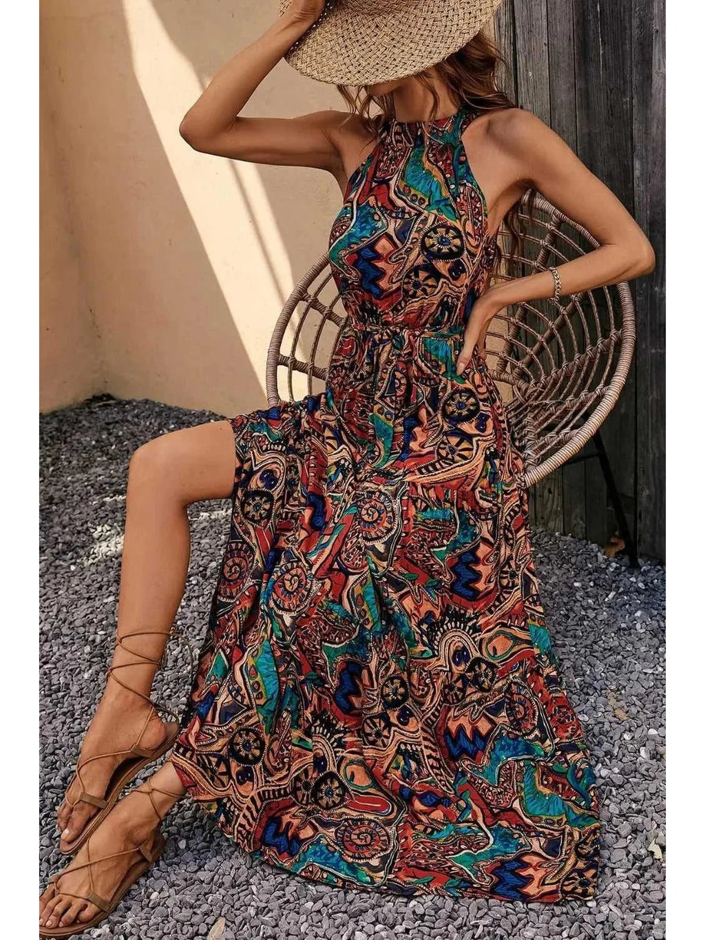 Tied Floral Sleeveless Dress -- 