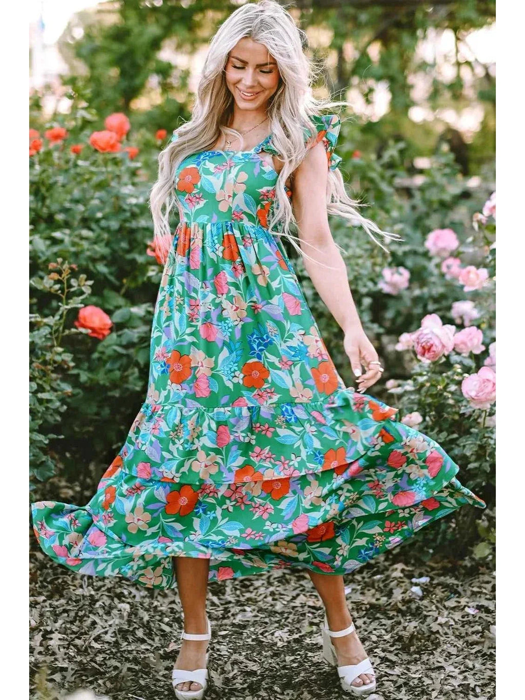 Tiered Ruffled Printed Sleeveless Dress -- 