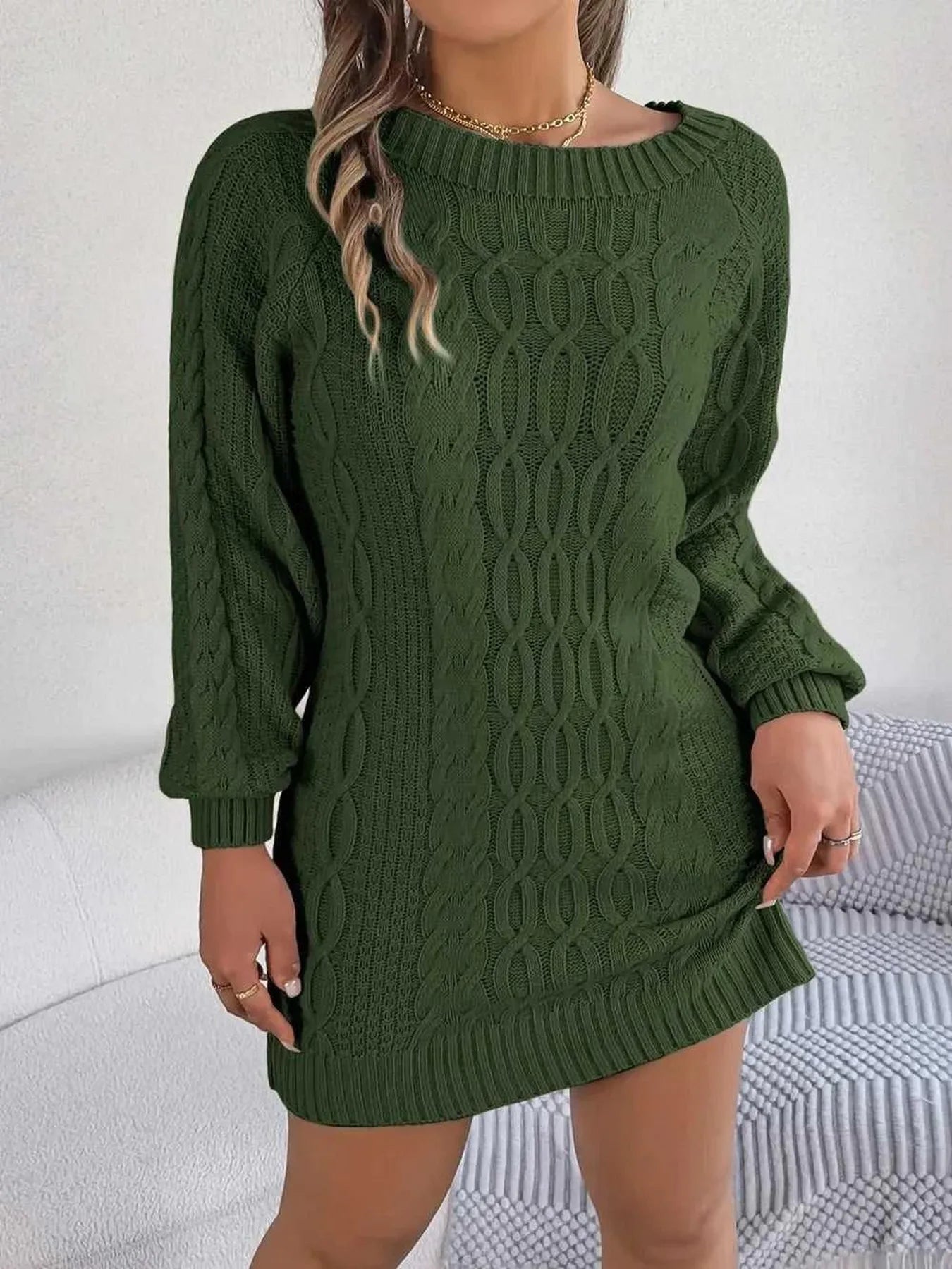 Cable-Knit Round Neck Sweater Dress -- 