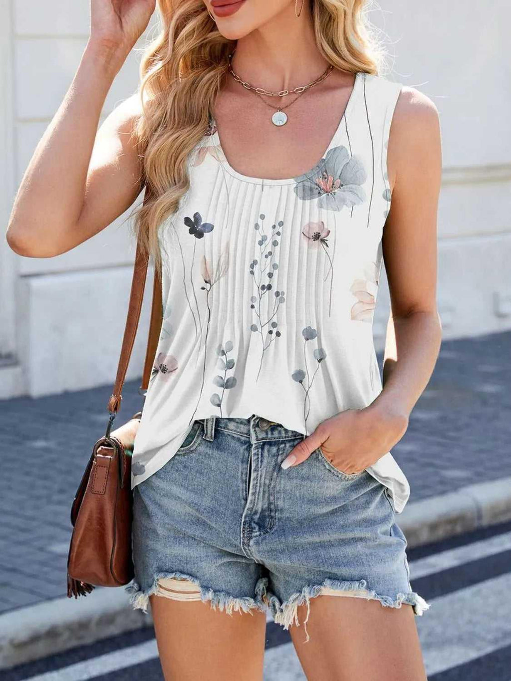 Printed Scoop Neck Wide Strap Tank -- 