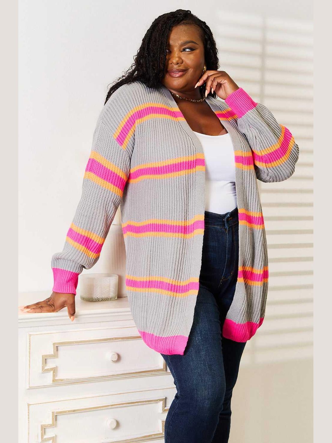 Woven Right Ribbed Long Sleeve Cardigan -- 