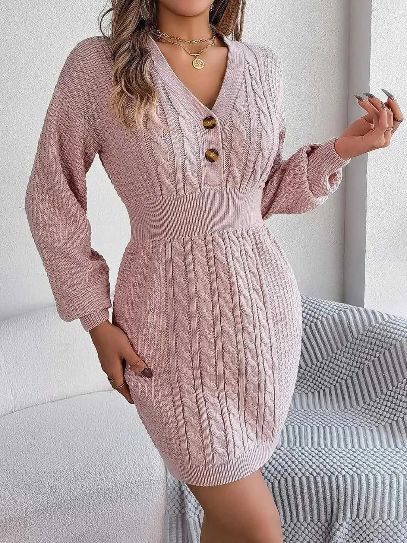 Buttoned Cable-Knit V-Neck Sweater Dress -- 