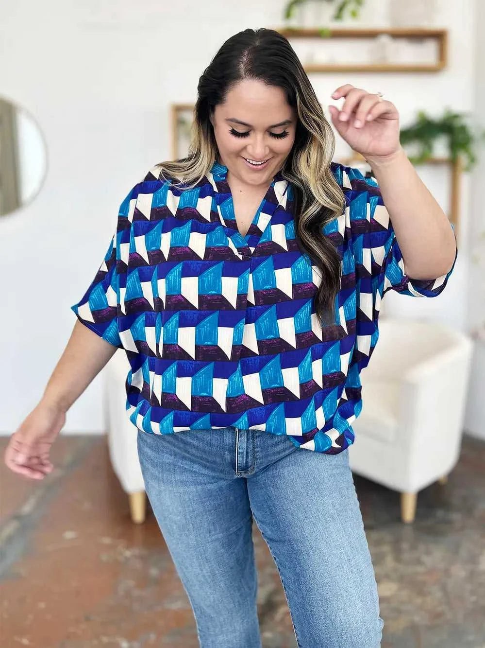 Double Take Full Size Geometric Notched Half Sleeve Blouse -- 
